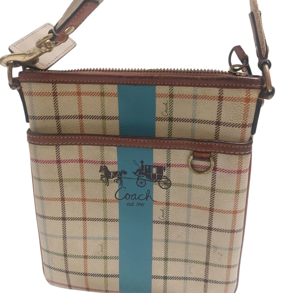 👜 Coach Beige Checkered Crossbody with Blue Stripe